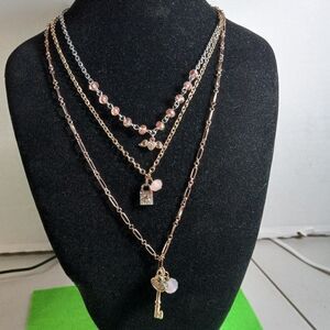 NWT Dune & Willow Three strand Necklace Wings, Lock and Key